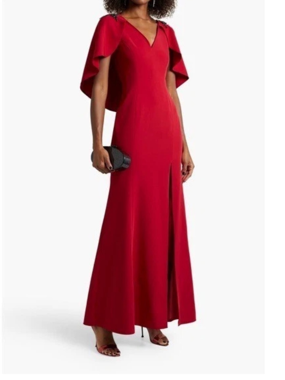 Marchesa Notte Embellished Cape Gown in red stretch-crepe
